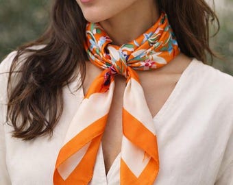 Orange Floral silk Scarf for Women, Elegant Neck Scarf, Hair Scarf, Bag Accessory, Summer Fashion Scarf, Gift for Her