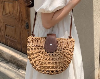 Borsa a tracolla in paglia stile boho – Borsa intrecciata in stile boho chic da donna – Piccola borsa estiva da spiaggia in vimini