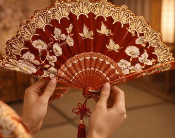 Chinese Hand Fan Red Floral – Elegant Folding Fan – Asian Decor Fan – Wedding Fan – Vintage Handheld Fan – Gift for Her – Oriental Fan
