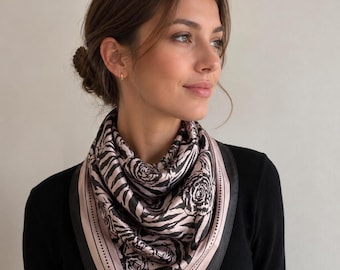 Sciarpa da donna in raso con stampa zebrata rosa e nera – Elegante e chic, bandana di lusso, regalo per donne, accessorio di moda di tendenza