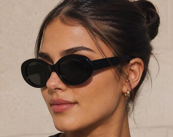Occhiali da sole ovali neri da donna | Stile vintage di lusso Y2K | Montatura spessa e di tendenza con protezione UV400