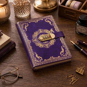 May include: A purple journal with a gold combination lock and decorative gold filigree. The journal is closed with a purple strap and is on a wooden surface. Other items on the surface include a pen, ink, and a pair of glasses.