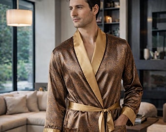 Accappatoio da uomo di lusso in raso marrone e oro | Accappatoio effetto seta | Elegante vestaglia | Regalo per lo sposo | Accappatoio da relax/spa per lui