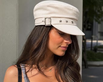 Women's White & Black Sailor Cap with Metal Stars – Chic Newsboy Cap, Captain's Cap, Trendy Parisian Style