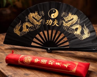 Zwarte Draak Kung Fu Waaier – Yin Yang Chinese Waaier – Accessoire voor vechtsporten – Aziatische decoratie – Origineel cadeau – Tai Chi Waaier