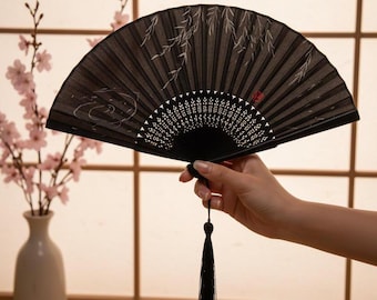 Ventaglio giapponese nero – Elegante ventaglio pieghevole – Decorazione zen – Accessorio per danza/tai chi – Regalo unico – Ventaglio nero in bambù