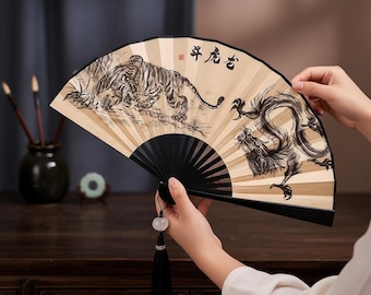 Abanico chino de dragón y tigre: abanico tradicional asiático, decoración de pared, accesorio de danza, regalo cultural japonés/chino.