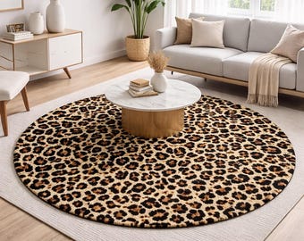 Tappeto rotondo con stampa leopardata – Tappeto moderno con stampa animalier – Elegante complemento d'arredo per il soggiorno – Tappeto dal design contemporaneo – Tappeto di tendenza beige, nero e marrone