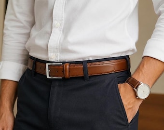 Elegante cintura da uomo in pelle marrone – Cintura da completo casual-elegante con fibbia argentata – Regalo alla moda per uomo