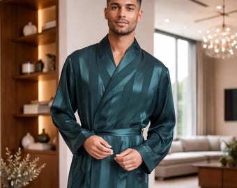 Accappatoio da uomo di lusso in raso – Accappatoio in seta verde smeraldo per lui – Elegante accappatoio lungo – Regalo di nozze per lo sposo – Abbigliamento da casa di alta qualità