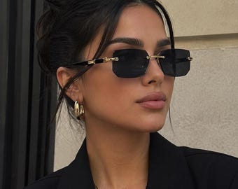 Occhiali da sole rettangolari senza montatura | Occhiali da sole di lusso neri e oro | Stile minimalista da donna | Protezione UV400 | Regalo di tendenza