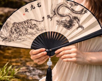 Chinese waaier met draak en tijger – Traditionele Aziatische waaier, wanddecoratie, dansaccessoire, Japans/Chinees cultureel cadeau
