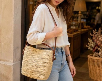 Borsa da donna in uncinetto naturale, borsa boho in rafia intrecciata, borsa a tracolla estiva chic, elegante cestino minimalista
