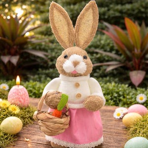 Peut inclure: Figurine décorative de lapin de Pâques avec un corps tissé, portant un pull blanc et une jupe rose, tenant un panier avec une carotte. Le lapin a de longues oreilles texturées et est entouré d'œufs et de fleurs de Pâques.