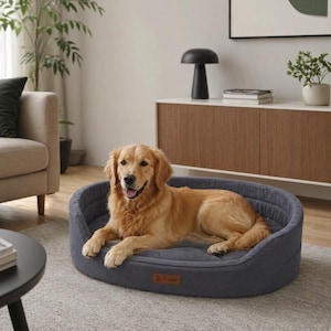 Puede incluir: Un perro Golden Retriever está acostado en una cama ovalada gris para perros. La cama tiene un diseño acolchado y una etiqueta marrón en la parte delantera. El perro sonríe con la lengua fuera. La cama está sobre una alfombra gris.
