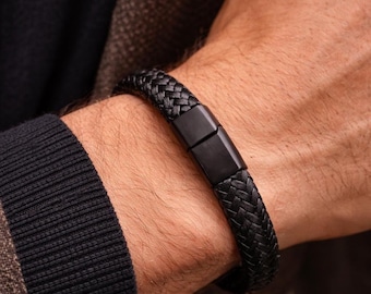 Bracciale da uomo in pelle nera – Bracciale da uomo in acciaio inossidabile – Bracciale intrecciato da uomo – Bracciale minimalista da uomo – Regalo per uomo