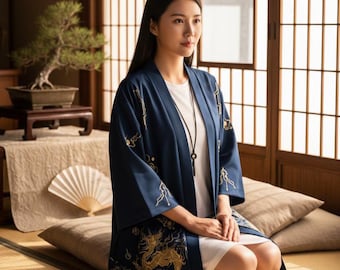 Kimono da donna Blue Dragon – Elegante giacca kimono, cardigan giapponese chic, kimono da donna leggero, stile asiatico moderno