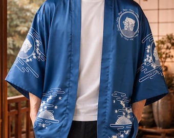 Giacca kimono Haori giapponese blu da uomo | Kimono Maneki Neko gatto portafortuna | Kimono cardigan streetwear | Outfit in stile giapponese
