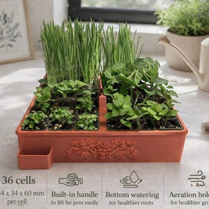 Puede incluir: Una jardinera rectangular de color terracota con 36 celdas, cada una de 3,4 x 3,4 x 6 cm, llena de varias plantas verdes. Incluye asa incorporada, riego inferior y orificios de aireación. Diseñada para condiciones de crecimiento más saludables.