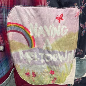 Upcycled Patchwork Hoodie – “Having a Meltdown” Graphic Sweatshirt – Reclaimed Denim Pockets Lined Hood