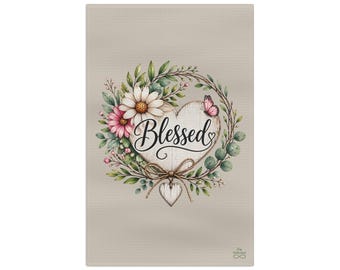 Paño de cocina de microfibra con diseño de corona floral bendecida / Corazón de margarita estilo rústico