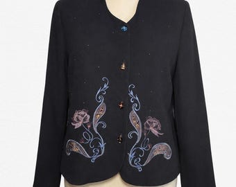 Giacca vintage Carole Little nera con ricami floreali e bottoni in vetro artistico, taglia 10