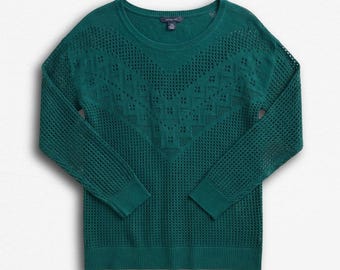 Amerykański sweter z dzianiny Open Knit Pointelle w kolorze zielonym, damski, rozmiar M, Y2K, leśna zieleń