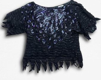 Blusa vintage de seda com lantejoulas e miçangas da Swee Lo, preta iridescente, para noite.