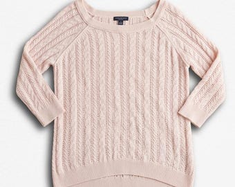 Maglione American Eagle rosa a trecce da donna, taglia M, con lavorazione traforata stile Y2K e maniche a 3/4.