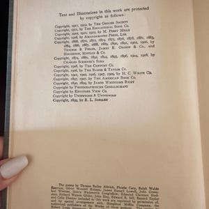 以下が含まれることがあります： 著作権情報が記載された古い本のページ。The Grolier SocietyやCharles Scribner's Sonsなど、著作権所有者と日付が記載されています。ページには詩と作者も記載されています。