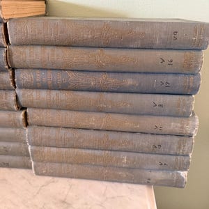 以下が含まれることがあります： 淡い青色の表紙の古書が積み重なっています。背表紙には金色のエンボス加工の文字と装飾が施されています。V9、V16、V17などの巻数が記されています。ページは経年劣化しており、使用感が見られます。