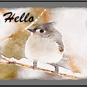 Aquarelle primitive représentant des mésanges huppées profitant de l'hiver - Cartes pour correspondance