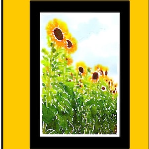 Aquarelles primitives de tournesols se tenant bien grands pour voir le soleil - Cartes pour correspondance
