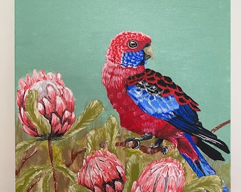 Original painting of an Australian crimson corella amongst flowers