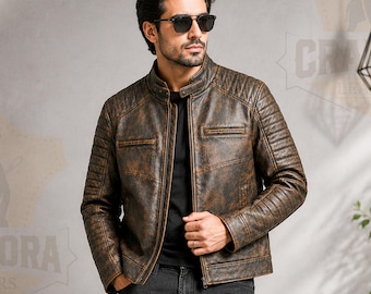 Men's Brown Leather Biker Jacket, Distressed Motorcycle Jacket, Genuine Leather Moto Jacket, Vintage Racing Jacket, Handmade Leather Coat