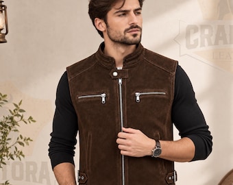 Cowhide Leather Vest for Men, Handmade Suede Cowboy Vest, Western Leather Waistcoat, Vintage Biker Vest, Genuine Cowhide Vest