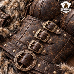 May include: A brown leather corset featuring a textured crackled pattern, brass-toned metal buckles, and circular hardware. The garment is accented with faux fur trim along the edges and includes a logo patch reading CRAFTORA LEATHERS.
