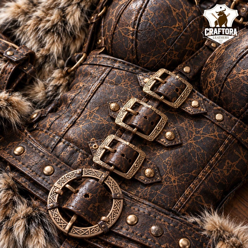 May include: A brown leather corset featuring a textured crackled pattern, brass-toned metal buckles, and circular hardware. The garment is accented with faux fur trim along the edges and includes a logo patch reading CRAFTORA LEATHERS.