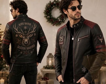 Christmas Leather Motorcycle Jacket, Men's Racing Jacket, Black Leather Jacket, Embroidered Deer Biker Jacket, Christmas Gift for Him