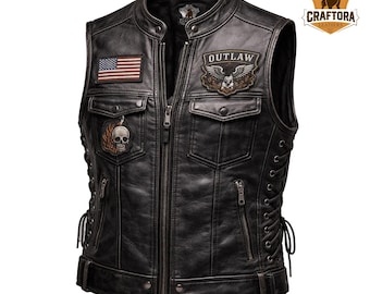 Men’s Black Leather Biker Waistcoat for Motorcycle Riders