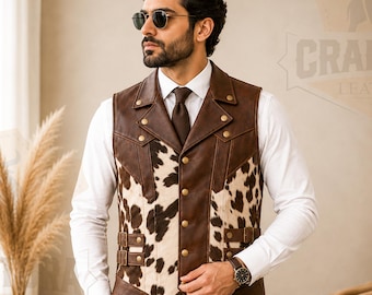 Men's Cowhide Leather Vest, Hair On Hide Western Cowboy Vest, Genuine Leather Waistcoat, Handmade Biker Vest, Rustic Ranch Wear