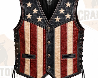 Mens American Flag Leather Vest, USA Flag Biker Vest, Patriotic Motorcycle Vest, Stars and Stripes Leather Waistcoat, Western Cowboy Vest