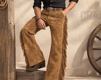 Men’s Suede Leather Fringe Pants, Western Cowboy Pants, Brown Fringe Trousers, Rodeo Biker Pants, Vintage Western Riding Chaps,