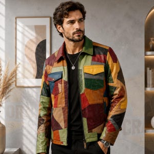 Men's Patchwork Leather Jacket | Genuine Sheep Leather Bomber Jacket | Handmade Vintage 90s Streetwear Coat | Multicolor Leather Jacket