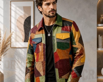 Men's Patchwork Leather Jacket | Genuine Sheep Leather Bomber Jacket | Handmade Vintage 90s Streetwear Coat | Multicolor Leather Jacket