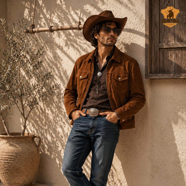 May include: A man wearing a brown suede jacket, cowboy hat, and blue jeans. The jacket has two chest pockets and button closures. He is also wearing a bolo tie and a decorative belt buckle. The background is a neutral-toned wall with a wooden shutter.