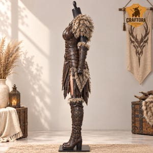 May include: A dark brown leather costume set displayed on a mannequin, featuring a bodice with buckles, shoulder and arm guards trimmed with faux fur, a layered skirt, and knee-high leather boots with multiple buckle straps and faux fur cuffs.