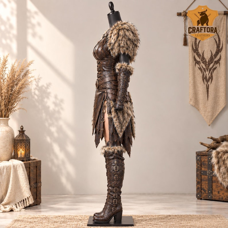 May include: A dark brown leather costume set displayed on a mannequin, featuring a bodice with buckles, shoulder and arm guards trimmed with faux fur, a layered skirt, and knee-high leather boots with multiple buckle straps and faux fur cuffs.