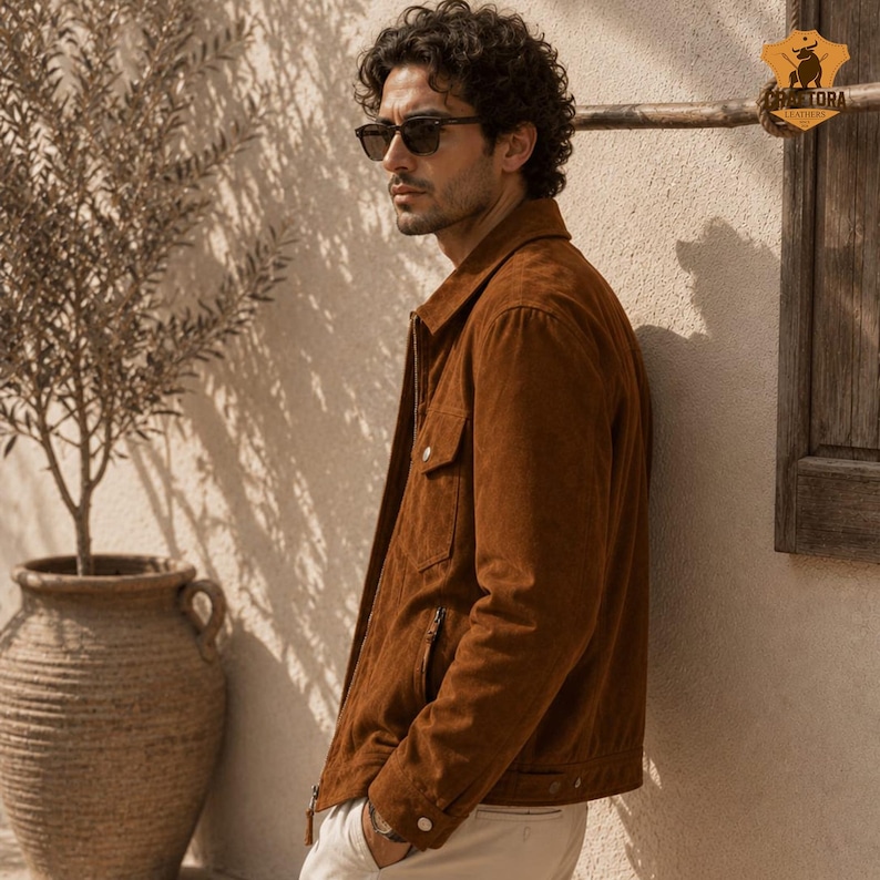 May include: A brown suede jacket with a button-down front, two chest pockets, and a zipper closure. The jacket is worn with light-colored pants and sunglasses. The image is set outdoors with a neutral background.