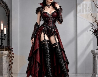 Gothic Leather Dress, Medieval Corset Outfit, Renaissance Cosplay, Halloween Costume, Handmade Genuine Leather Dress